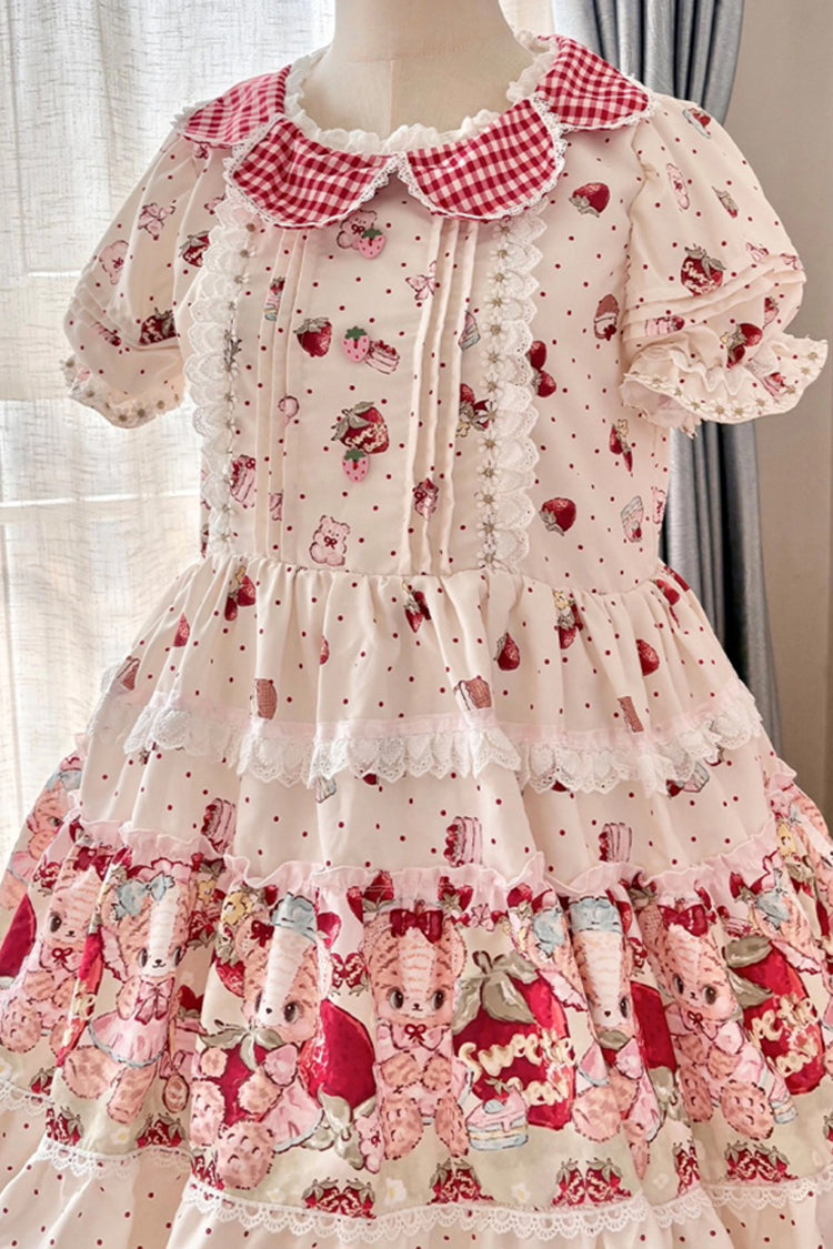 Cream Bear Strawberry Ode Print Short Sleeve Double-Layer Frilled Bow Princess Sweet Lolita JSK Dress
