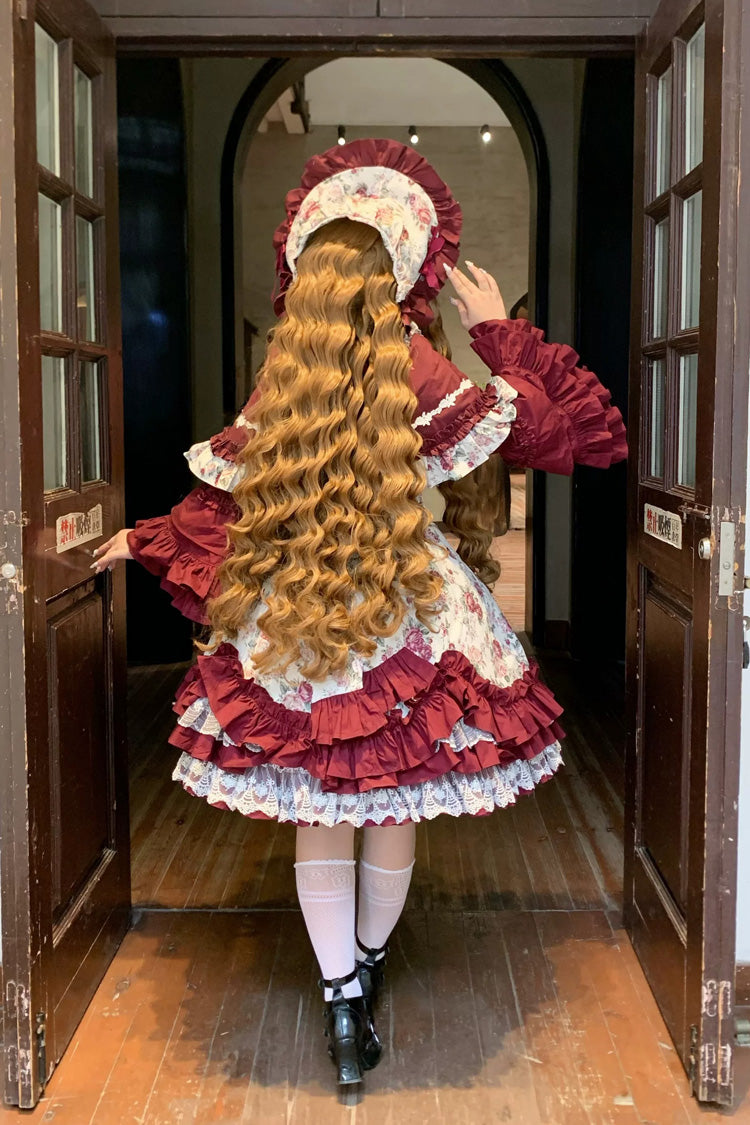 Burgundy Off-Shoulder JSK Dress with Ruffled Lace