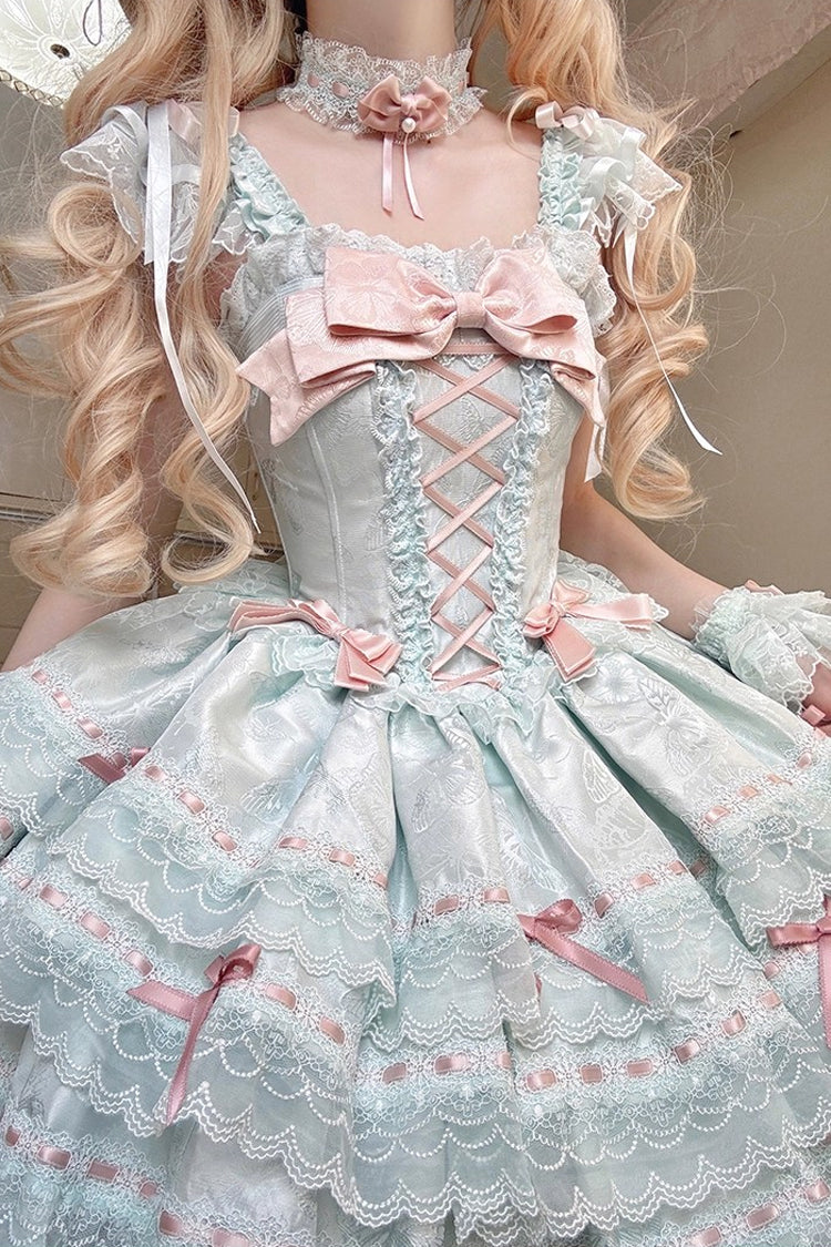 Green Sleeveless Ruffled Bow Lace-Up Sweet Elegant JSK - Flora Isle Butterfly
