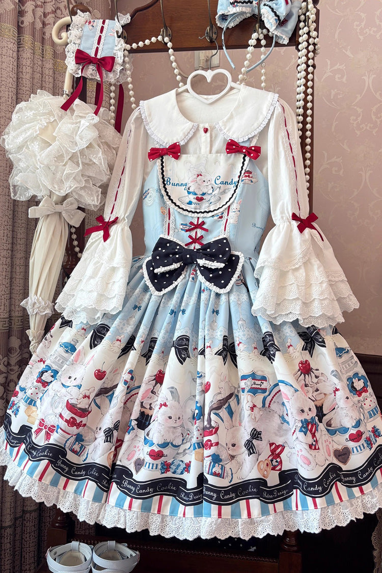Sleeveless Print Ruffle Bowknot Lace Sweet Lolita Jsk Dress Blue