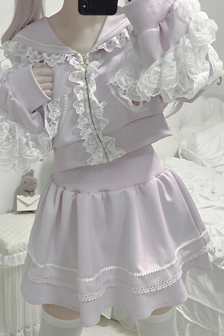 Pink Heartbeat Rhythm Long Sleeve Ruffle Lace Hooded Jirai Kei Skirt Set