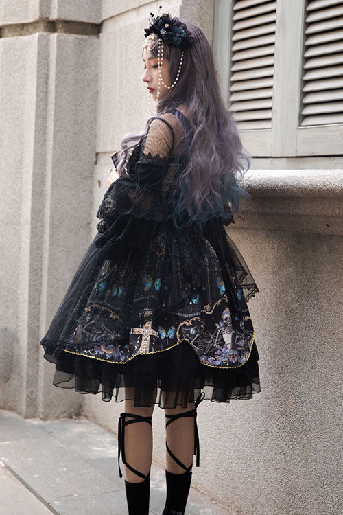 Black Skull Print OP Dress with Lantern Sleeves