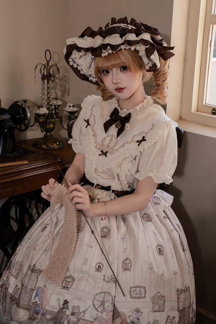 Cream Forest Tailor Shop Stand Collar Short Sleeve Printed Bow Frilled Sweet Lolita Dress