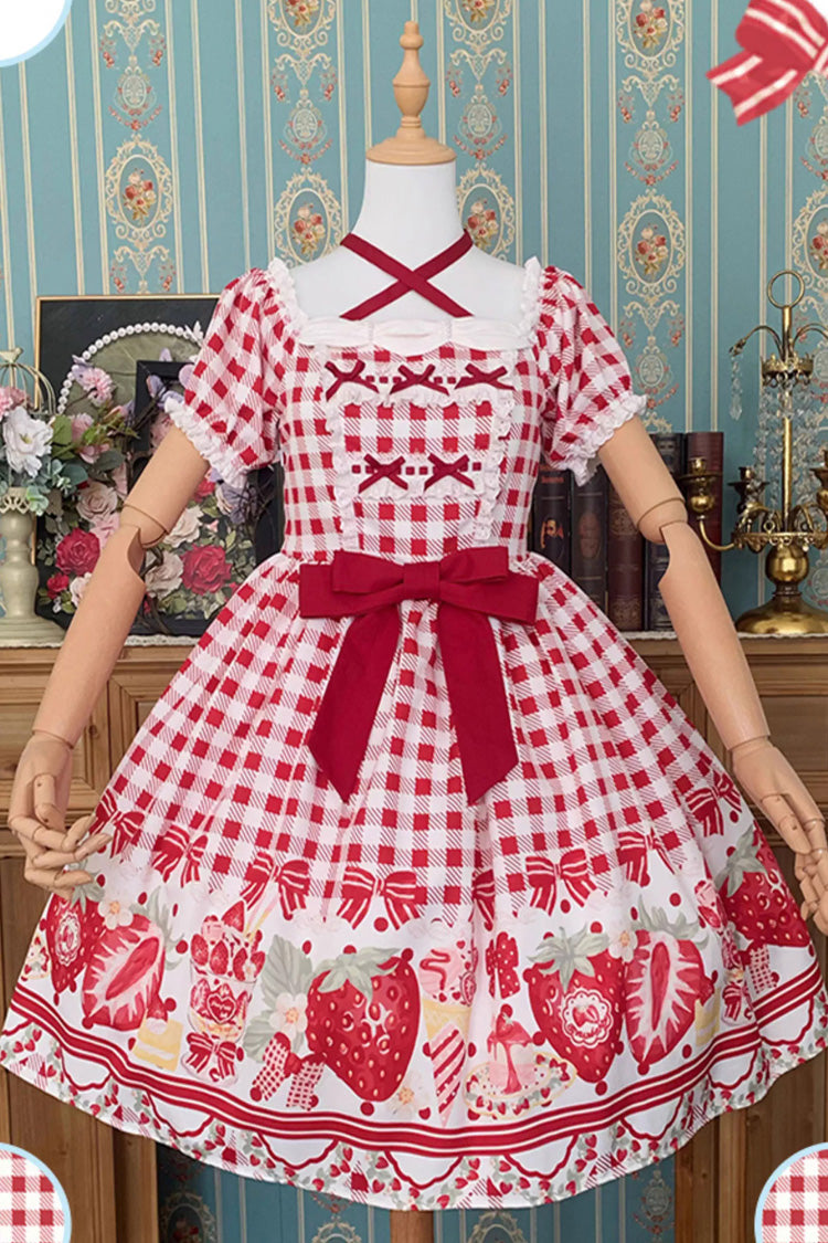 Strawberry Plaid Print Bowknot Sweet Plus Size Princess Red Short Sleeves Dress