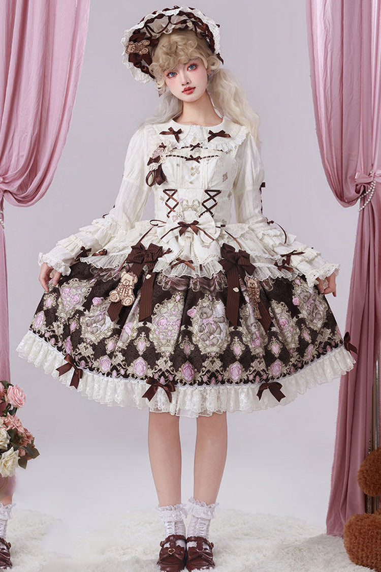 Antique Teddy Bear Sleeveless Print Bow Lace Elegant JSK