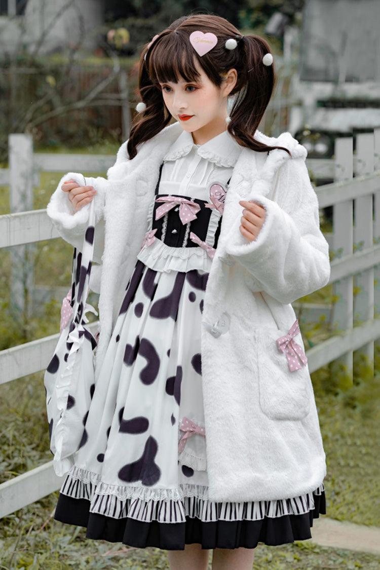 Black/White Sweet Lolita Jsk Dress High Waist Ruffled Milk Pudding Printed - Altfashion Shop