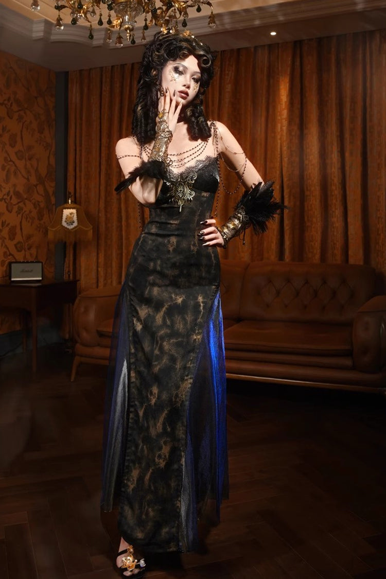 Black Gilded European V-Neck Sleeveless Print Lace Ruffle Slim Gothic JSK Dress