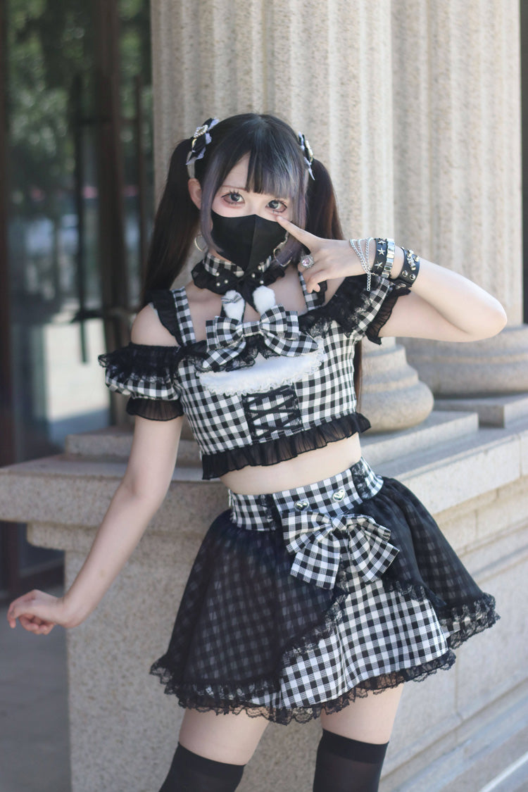 Jirai Kei Skirt Set with Plaid Print and Lace-Up Front - Night Rabbit Dream, Short Sleeves