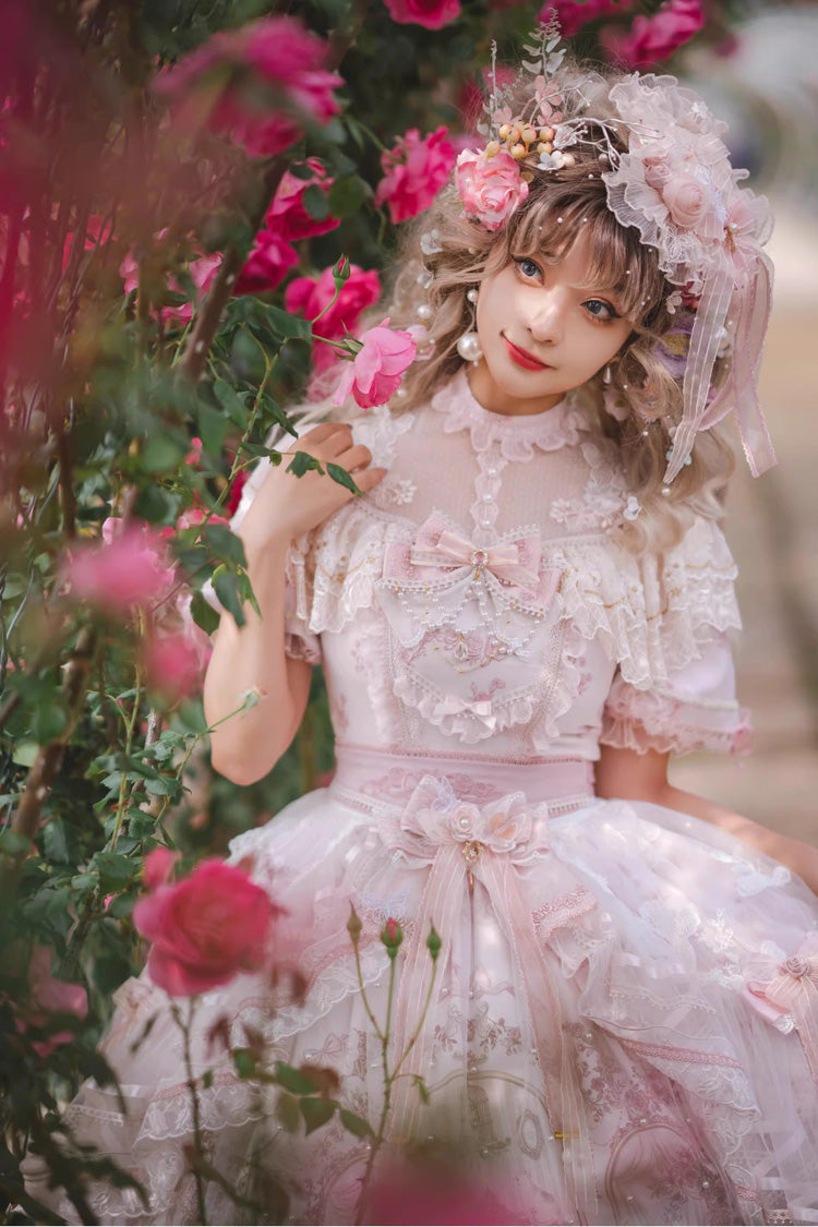 Ivory and Pink Sunset Realm Short Sleeve Printed Ruffled Hanayome Bow Lace Gorgeous Sweet Lolita Dress Set