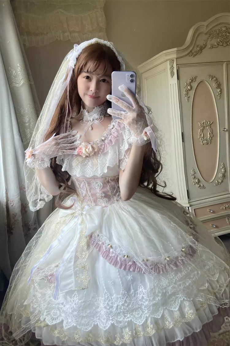 Multi-Color Sweet Lace Dress with Short Sleeves and Bow