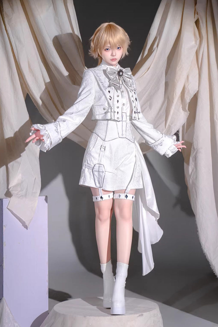 Ivory Asymmetric Prince Coat Shorts Set with Bows - Silver-White Sacred Pact