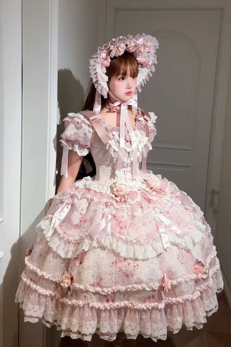Pink Short Puff Sleeves Ruffle Bowknot Lace Sweet Japanese Princess Dress - Rose Manor