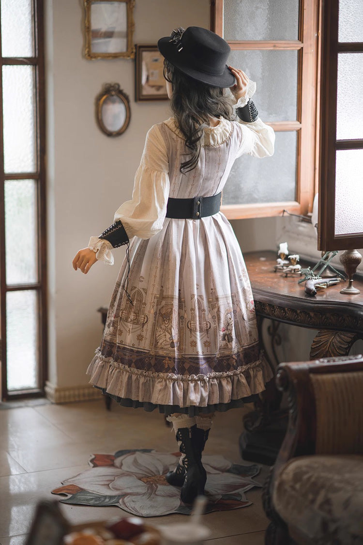 Lantern-Sleeved Lolita Dress with Ruffled Demon Print