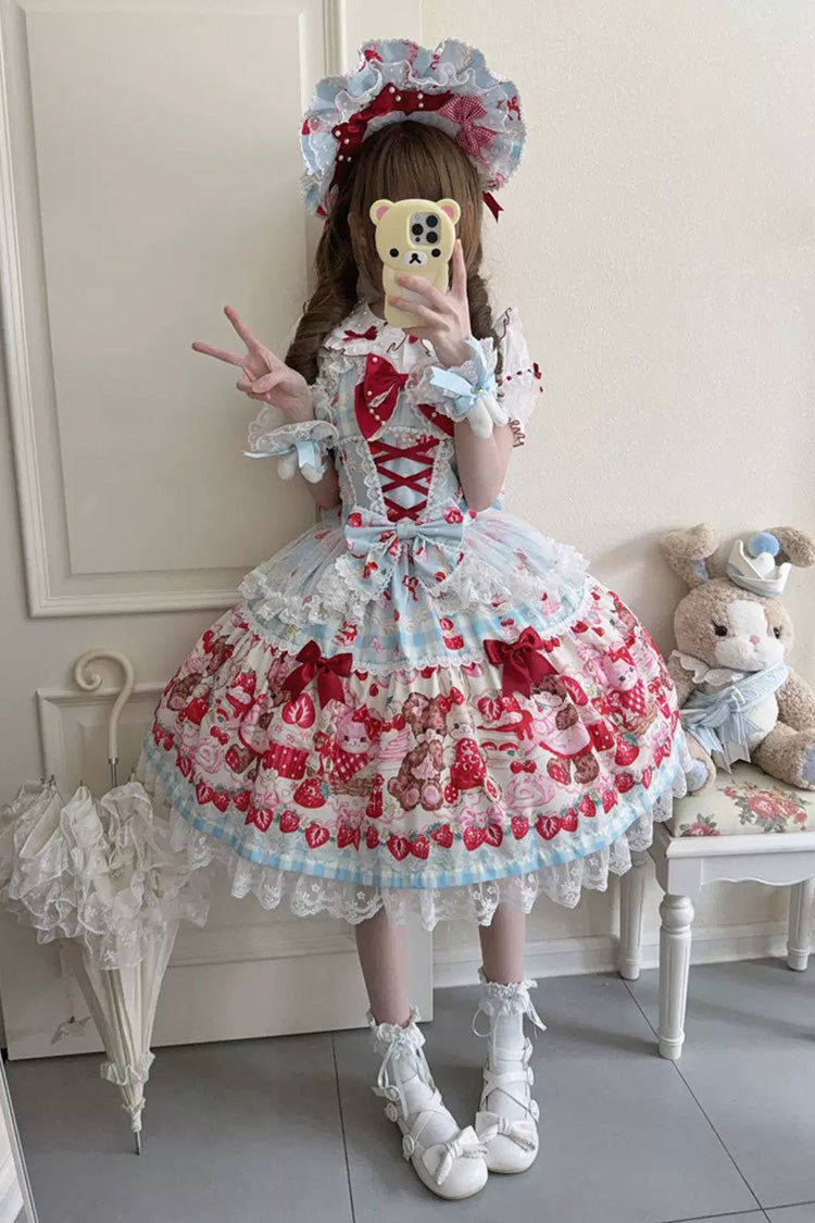 Red/Blue Sweet Lolita JSK Dress Printed Bow Lace Lace-Up - Sweet Berry Bunny Bear