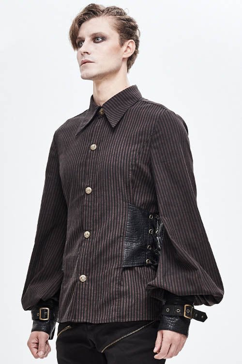 Cocoa Pinstripe Punk Waistcoat with Cinched Leather Accents