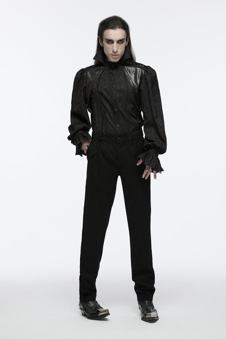 Jet-Black Gothic Blouse with Puffed Sleeves and Lace-Up Front for Men