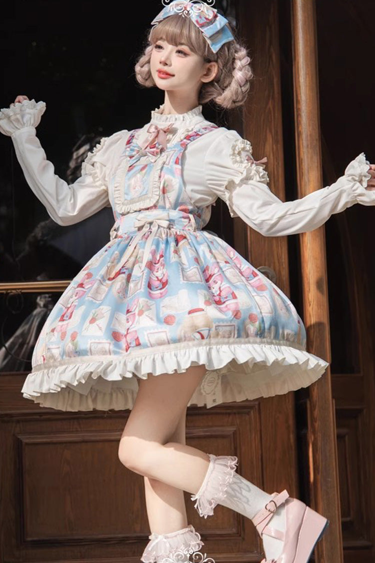 Light Blue Rabbit Letter Printed Ruffled Bow Sweet Princess Lolita Strap Dress