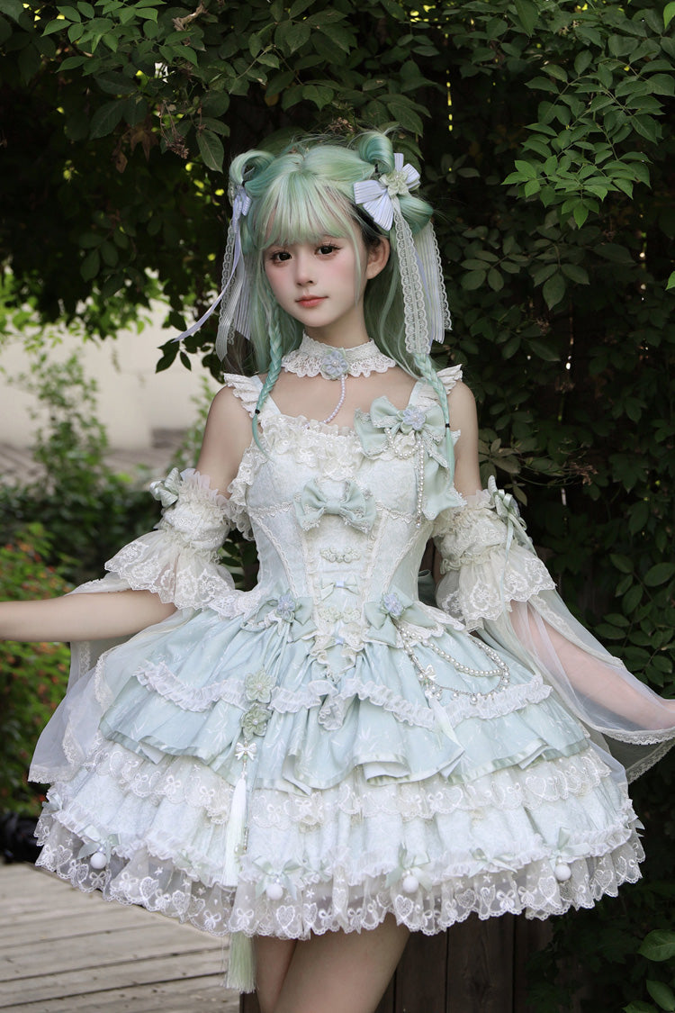 Jacquard Square Collar Sleeveless Layered Cherry Lace Pearl Bow Lolita JSK