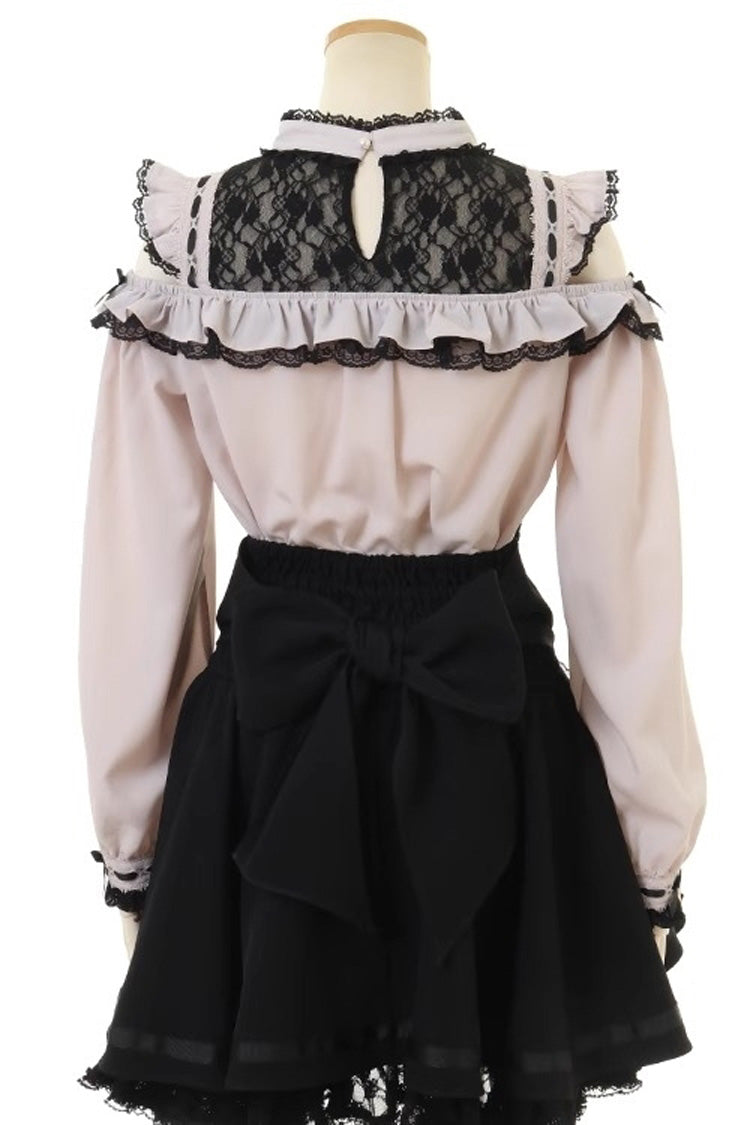 Chic Off-Shoulder Bow-Embellished Lace Blouse with Choker in Three Tones