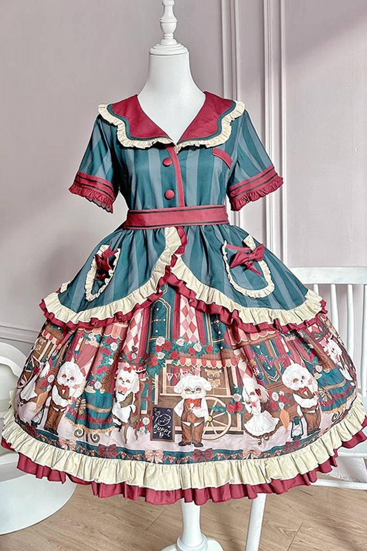 Puppy Cafe Sweet Lolita Dress with Print and Bowknot Details