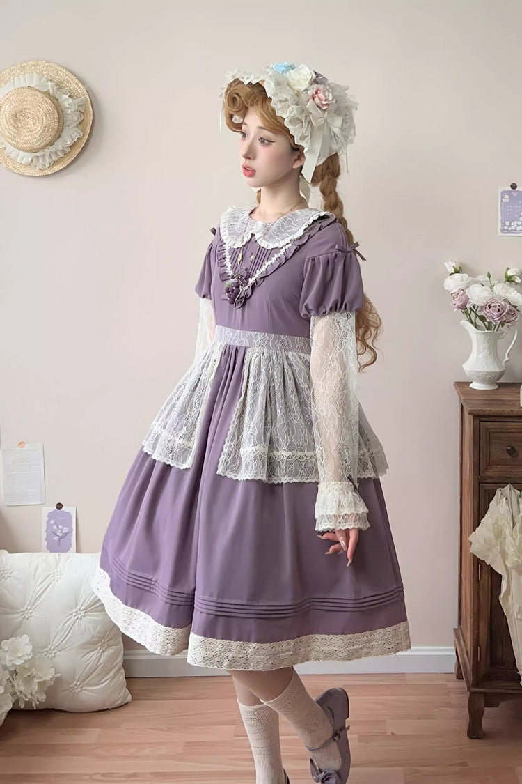 Violet Path Flowers Mist Lapel Collar Long Sleeve Embroidered Bow Lace Dress