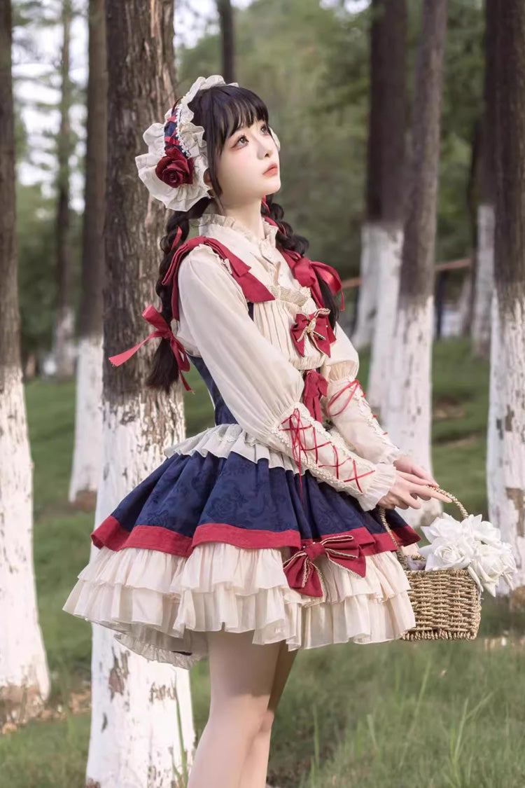 Snow White Multi-Color Triple-Layer Ruffle Bow Sweet Lolita Dress with Shirt