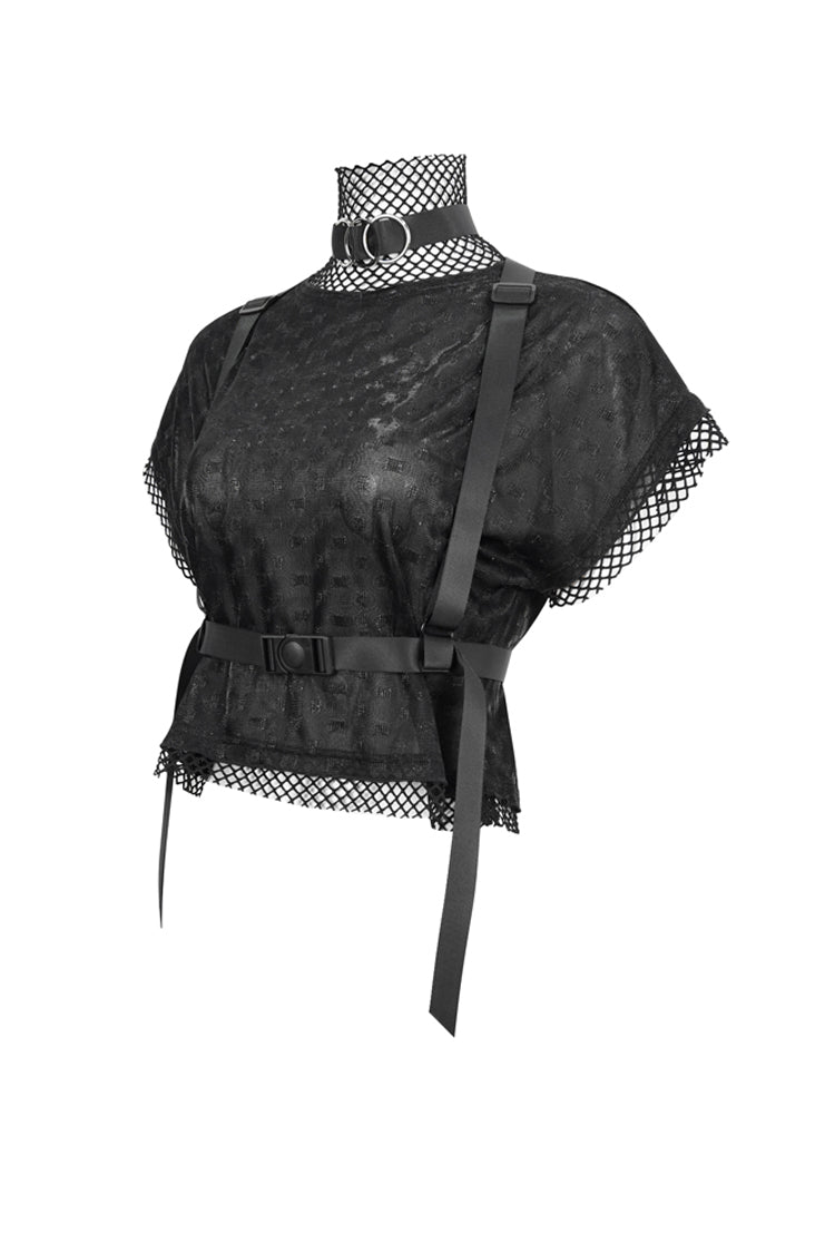 Punk Mesh Tee with Diamond Pattern and High Collar