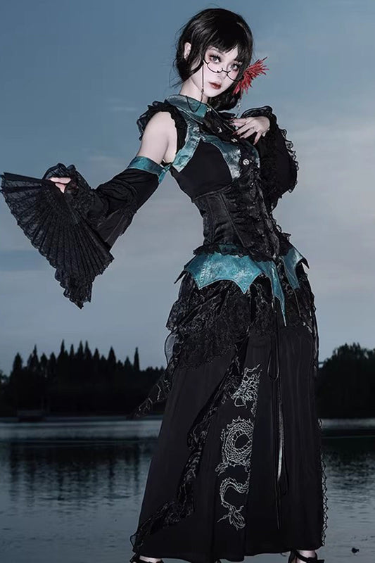 Sky Dragon Chinese Gothic Lolita Embroidered Skirt Set with Print