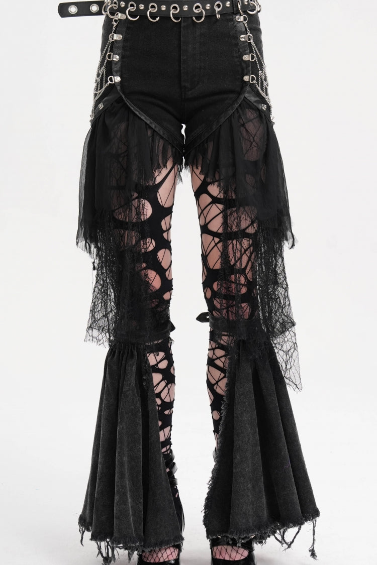 Gothic Shorts with Ripped Mesh Hem and Chain for Women