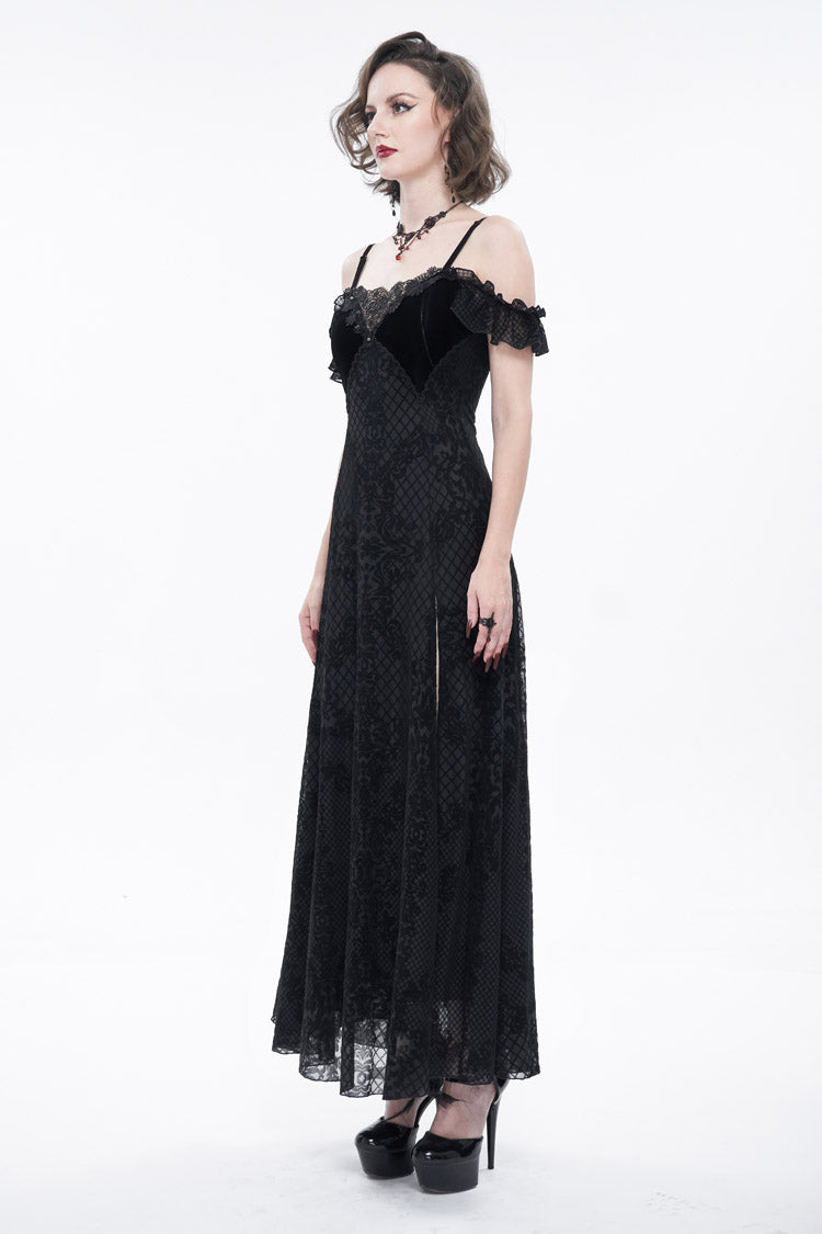Raven Velvet Off-Shoulder Lace Gothic Dress with Ruffled Hem