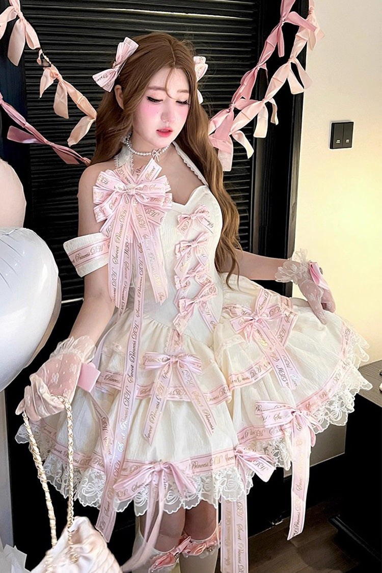 Pink Halterneck Sleeveless Multi-Layered Ruffle Bow Sweet Dress