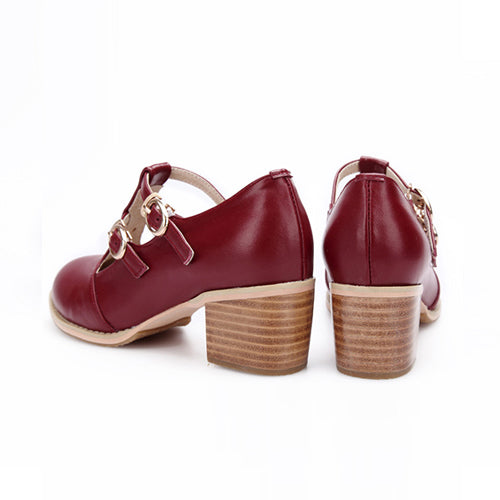 Vintage Wine-Red Mid-Heel Shoes with Double Buckles for Lolita