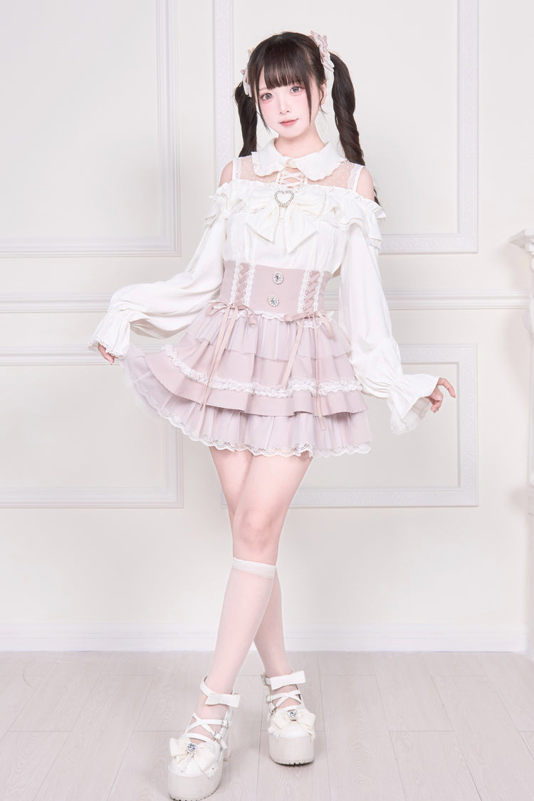Off Shoulder Bowknot Lace-Up Print Long Sleeve Jirai Blouse in Three Colors