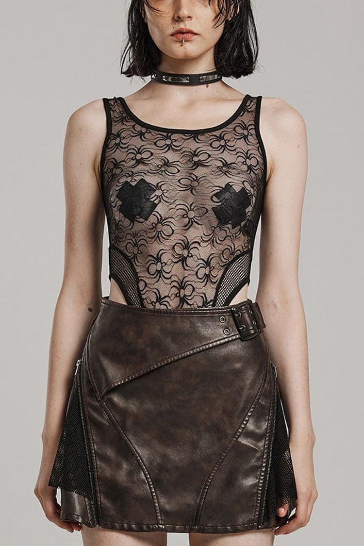 Sleeveless Lace Mesh Sheer Steampunk Bodysuit with Print