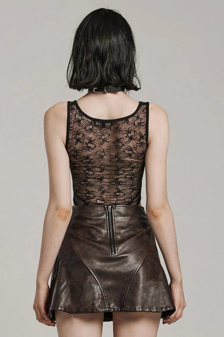 Sleeveless Lace Mesh Sheer Steampunk Bodysuit with Print