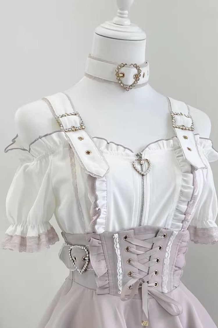 Stand Collar Sleeveless Ruffled Lace-Up Skirt and Blouse Set