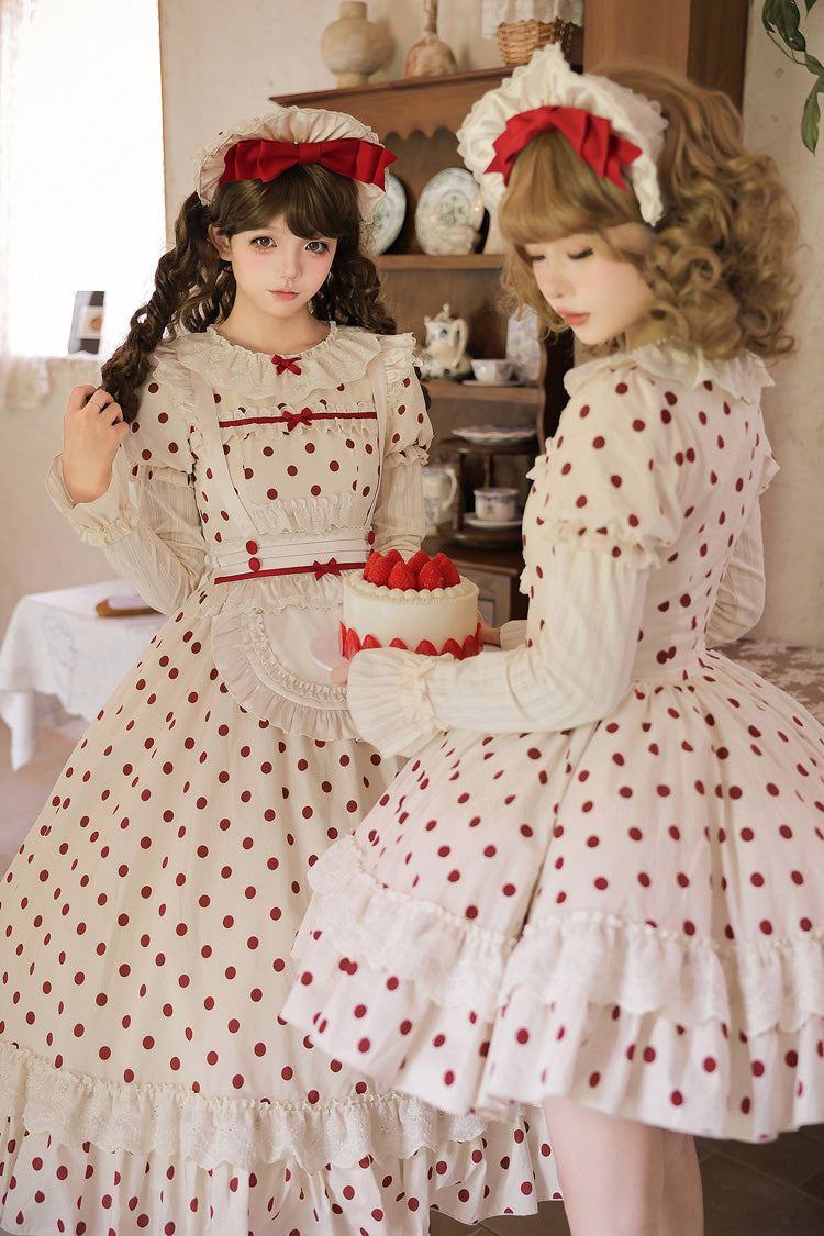 Apricot Sweet Elegant Lolita Dress with Cotton Round Collar Long Lantern Sleeves Polka Dot Print Ruffled Bow Lace