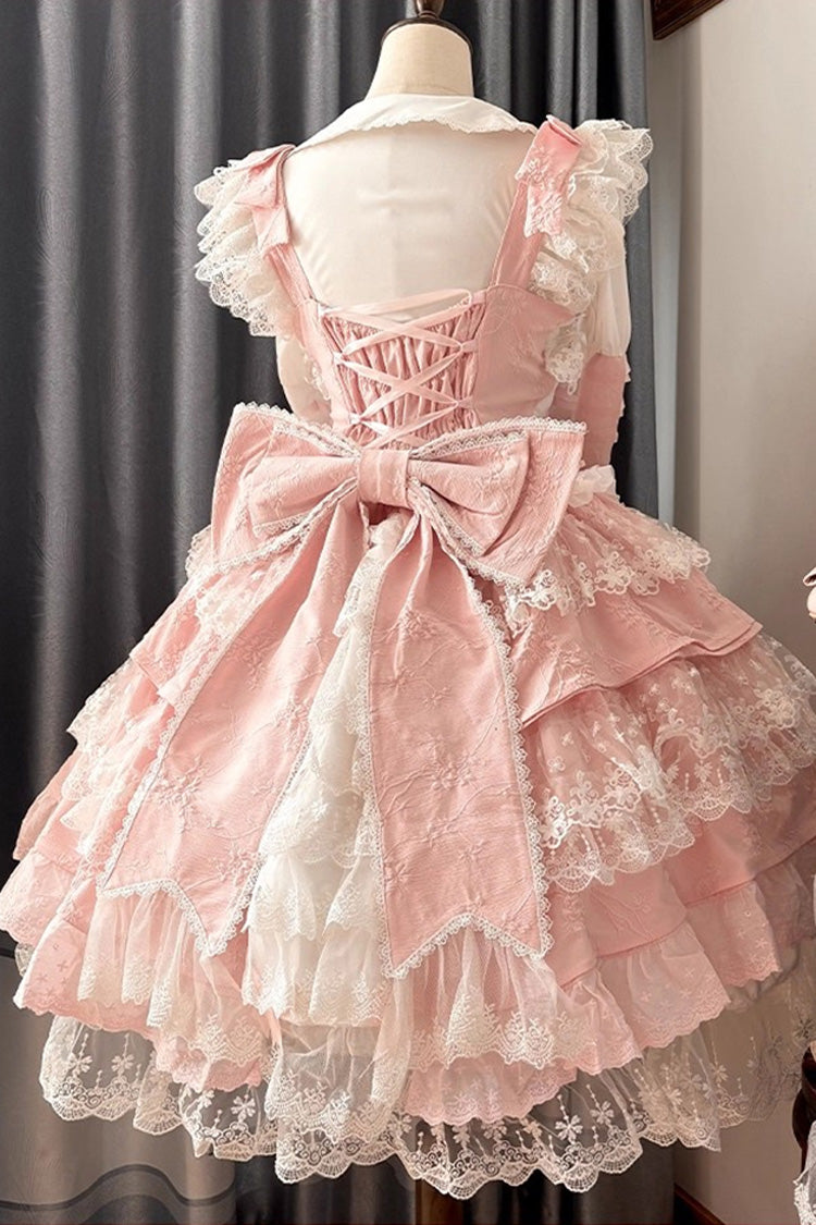 Sleeveless Multi-Layered Ruffle Embroidery Bowknot Lace Pearl Lolita Jsk Pink