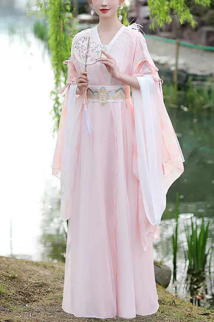 Rose V-Neck High Waist Lace-Up Feminine Sweet Hanfu Gown