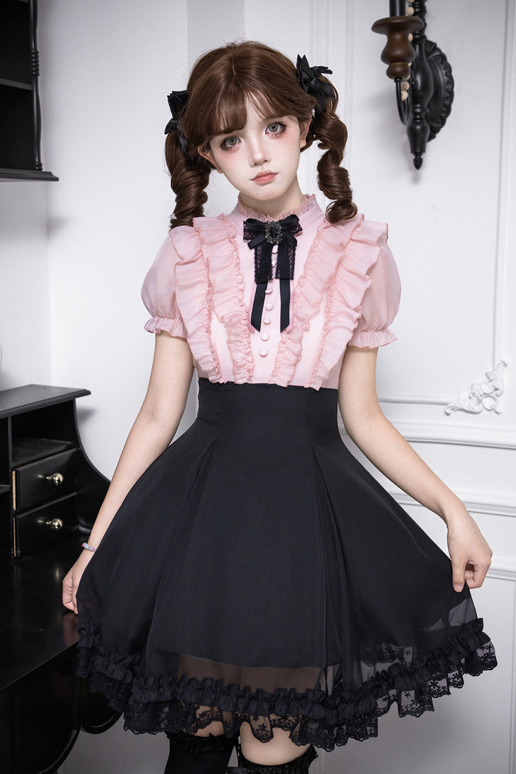 Miss Lola Snow Kiss Stand Collar Short Puff Sleeves Ruffled Color-Blocked Faux Two-Piece Sweet Lolita Dress 3 Colors - Black