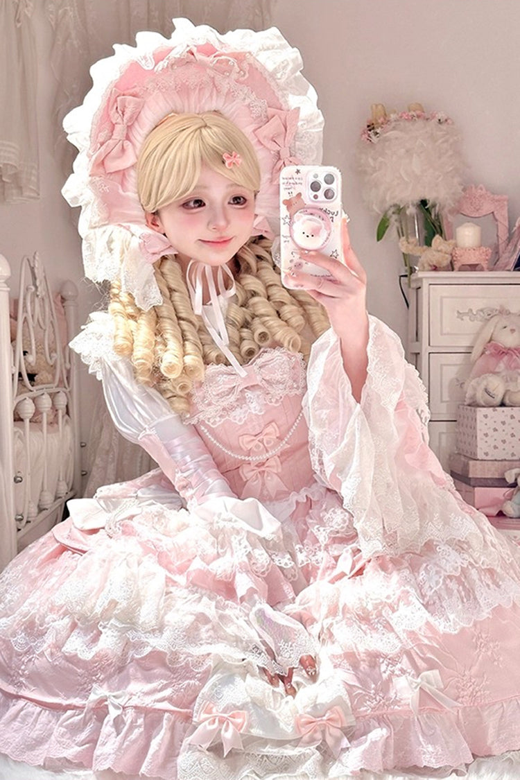 Sleeveless Multi-Layered Ruffle Embroidery Bowknot Lace Pearl Lolita Jsk Pink
