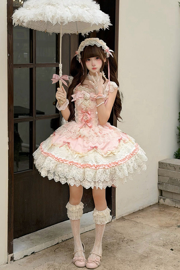 Pink Square Neck Ruffled Bow Lace Ballet Sweet JSK Dress - Rose Feather Romance