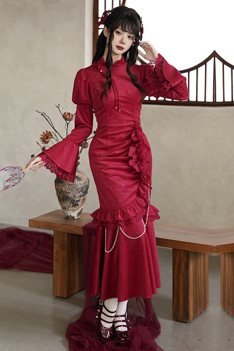 Scarlet Embroidered Lace Bow Classic Chinese Elegant Lolita Dress