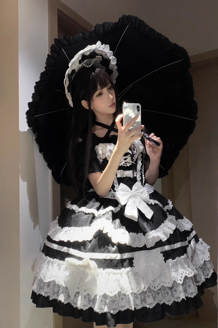 Black/White Super Cute Belia Sleeveless Triple-Layered Ruffled Bow Lace Gothic Elegant Lolita JSK Gown