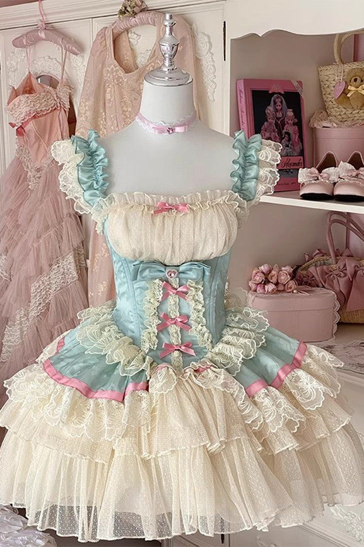 Cerulean and Ivory Triple Ruffled Bow Lace Ballet Sweet Lolita Dress - Girly Scent Edition