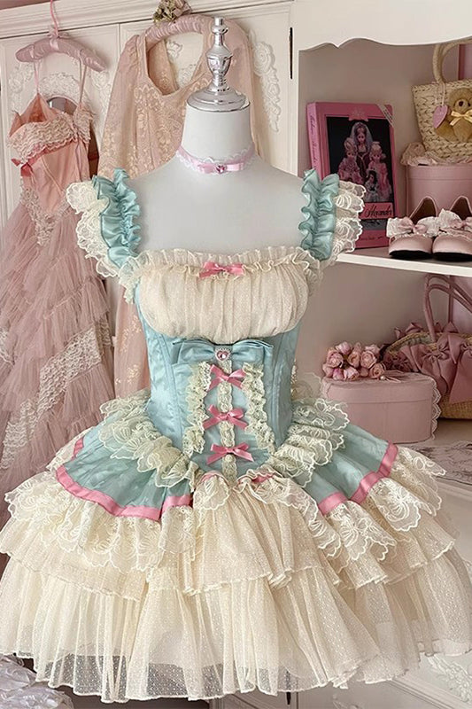 Cerulean and Ivory Triple Ruffled Bow Lace Ballet Sweet Lolita Dress - Girly Scent Edition