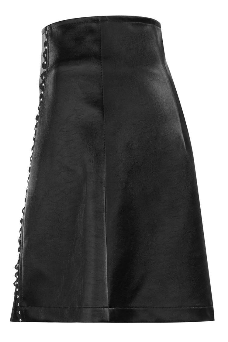 Leather Punk Skirt with Lace Slit and Rivet Trim
