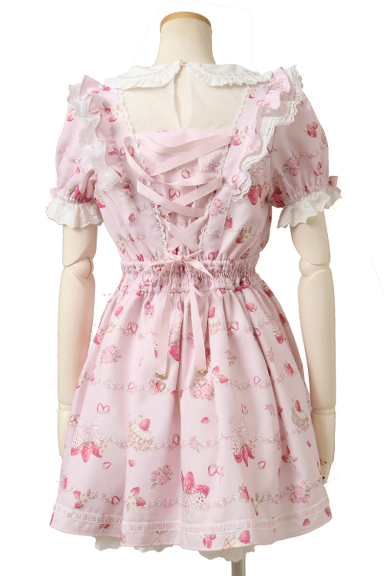 Pink Creamy Berry Print Puff Sleeve Ruffle Bow Lace-Up Sweet Jirai Kei Dress