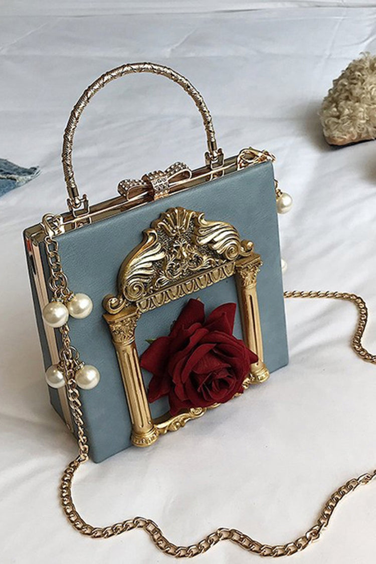 Vintage Gothic Shoulder Bag with Pearl Chain and Rose Motif