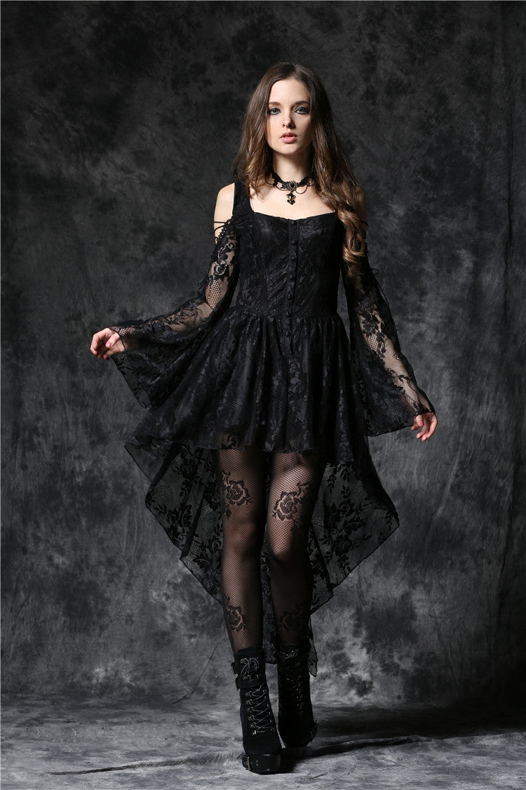 Square Collar Long Sleeves Overlay Embroidered Lace Gothic Dress